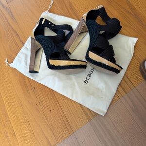 BCBGMaxAzria Black and Tan Strappy Heels